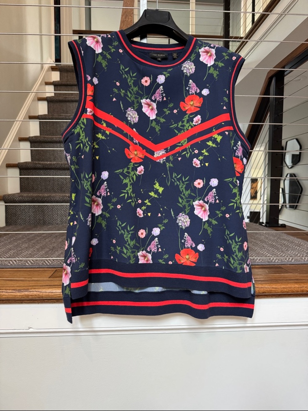 Ted Baker Navy Floral Sleeveless Knit Tank with Red Trim - size 5